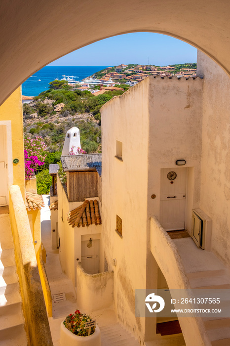 Porto Cervo, Sardinia, Italy - Picturesque view of luxury yacht port, marina and residences of Porto