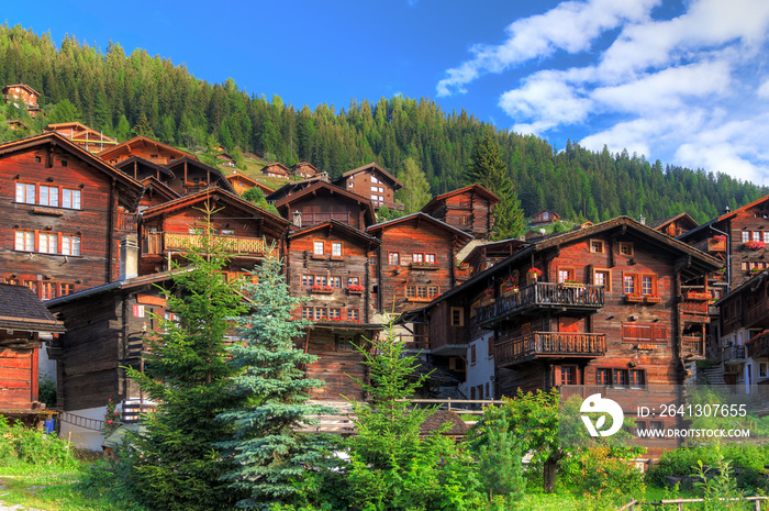 瑞士格里门茨高山村庄美丽的城市景观，年代传统的木屋