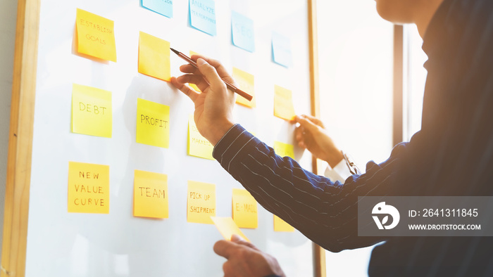 Startup co-working, Group of people putting sticky notes on the white board.