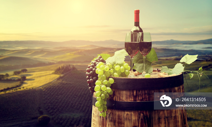 Red wine with barrel on vineyard in green Tuscany. Italy