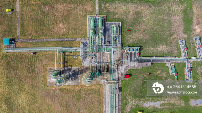 Aerial top view natural gas pipeline, gas industry, gas transport system, stop valves and appliances