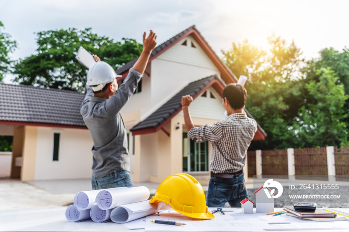 Two business man professional engineer worker at the house building.