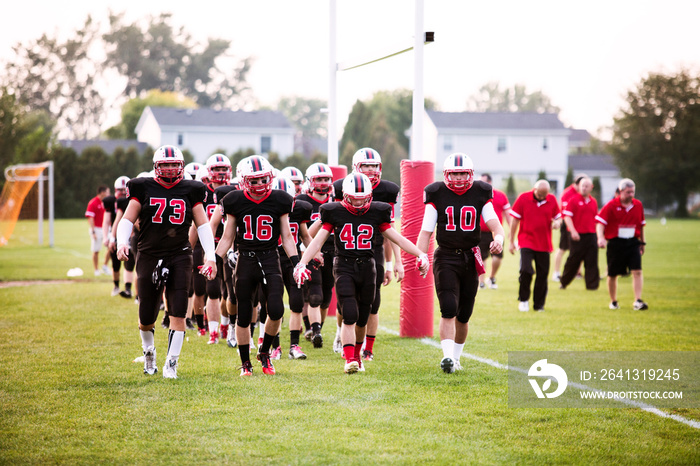 American football players walking in field