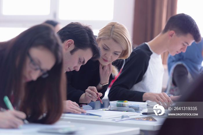 Beautiful young female teacher helping a student during class. Female Professor Holding Lecture to M