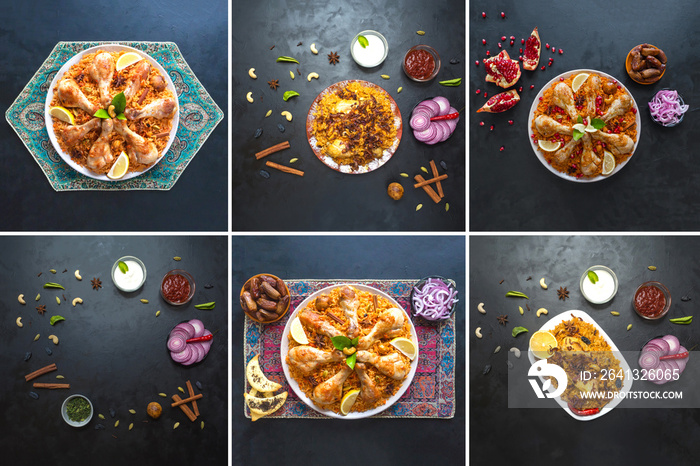 阿拉伯传统食物碗卡布萨肉的不同图片拼贴