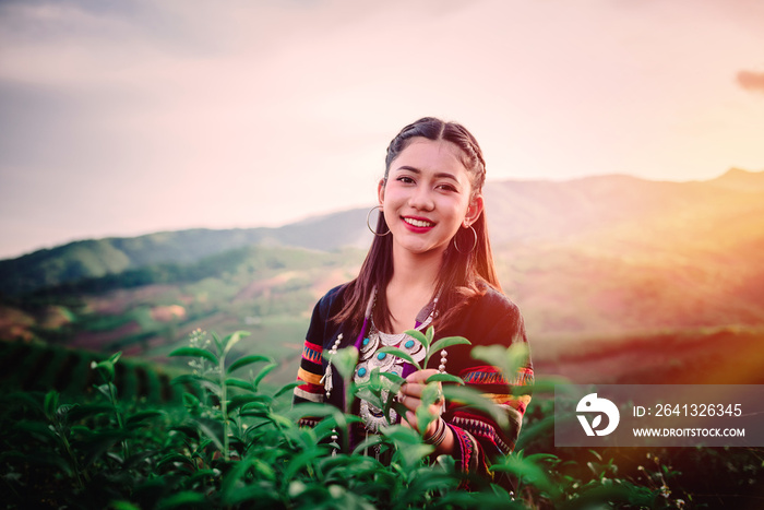 winter fall beauty native teen girl and friend women student travel in tea farm at the countryside  