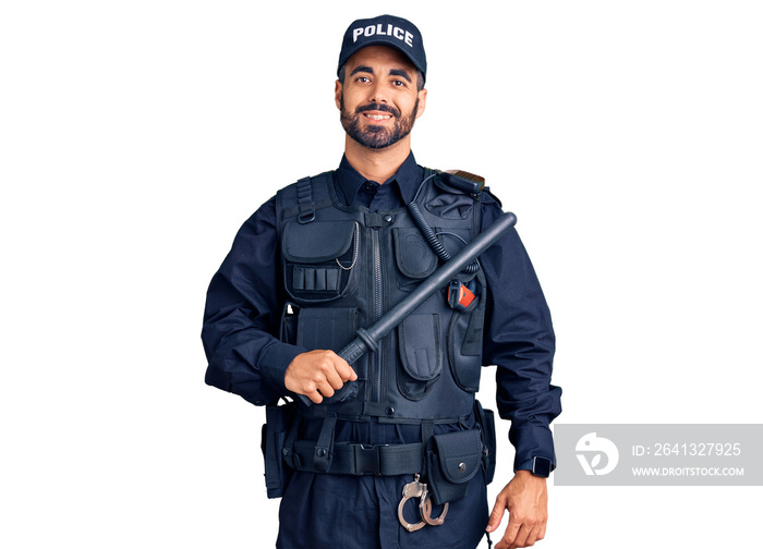 身穿警服、手持警棍的年轻西班牙男子站着微笑，看起来积极快乐