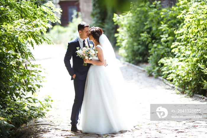 The bride and groom walk together in the park. Charming bride in a white dress, the groom is dressed