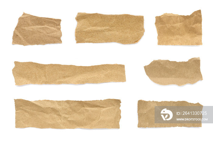 Recycled paper craft stick on a white background. Brown paper torn or ripped pieces of paper isolate