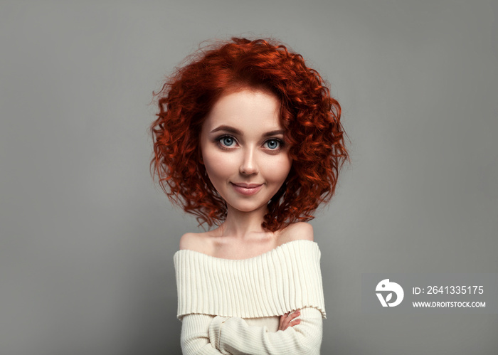 Funny red curly girl with big head and funny hairstyle. Caricature stylization of female logic