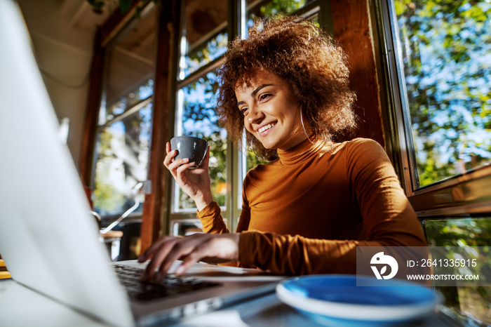 Charming young mixed race female freelancer with curly hair sitting in cafe, typing on laptop and ho