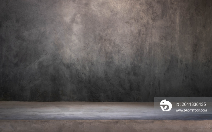 Concrete gray grunge wall. Vintage interior of stone wall and gray cement table, cement floor. Old a