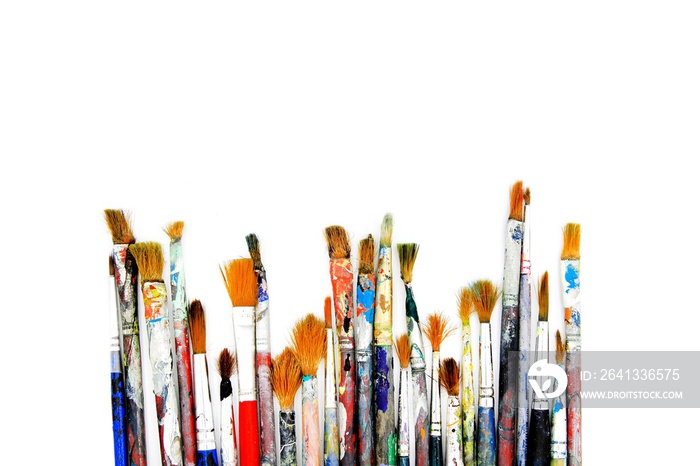 Many colorful paint brush of artist be stained isolated on white background with copy space - Object