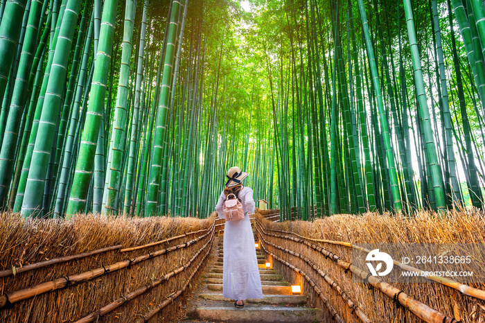 在日本京都竹林散步的女人。