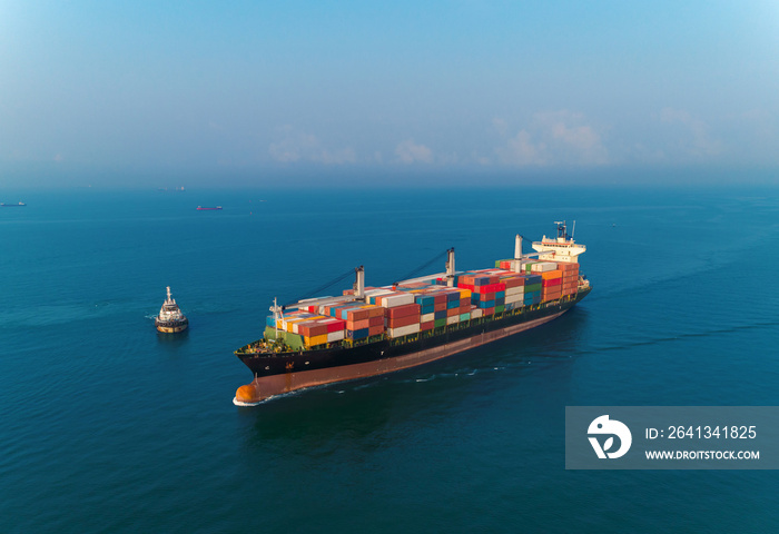 Aerial view container ship in the sea full load container for logistic, import export, shipping or t