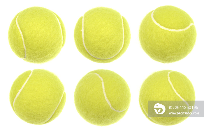 Different tennis balls photographed with studio flash. Isolated on white. Close up shot with plenty 