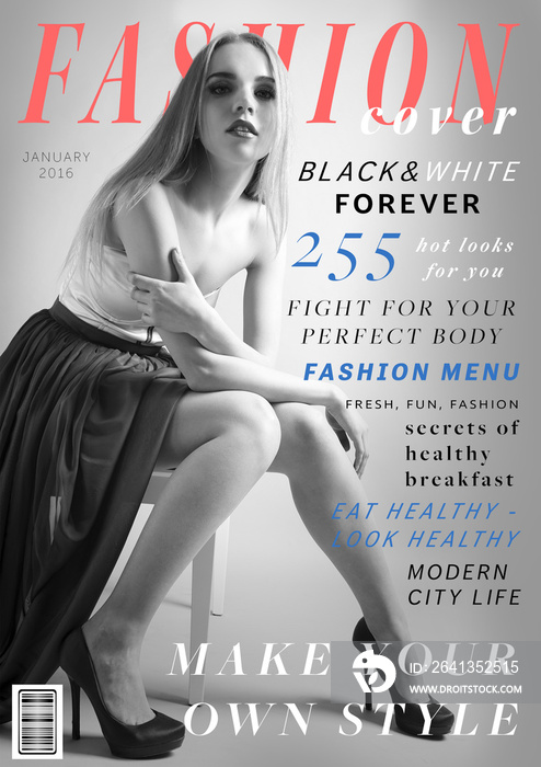 时尚杂志封面上有魅力的年轻女性。时尚的生活方式理念。