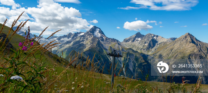 在法国伊泽尔的Les deux Alpes滑雪站附近徒步旅行，欣赏夏季阿尔卑斯山脉的山峰