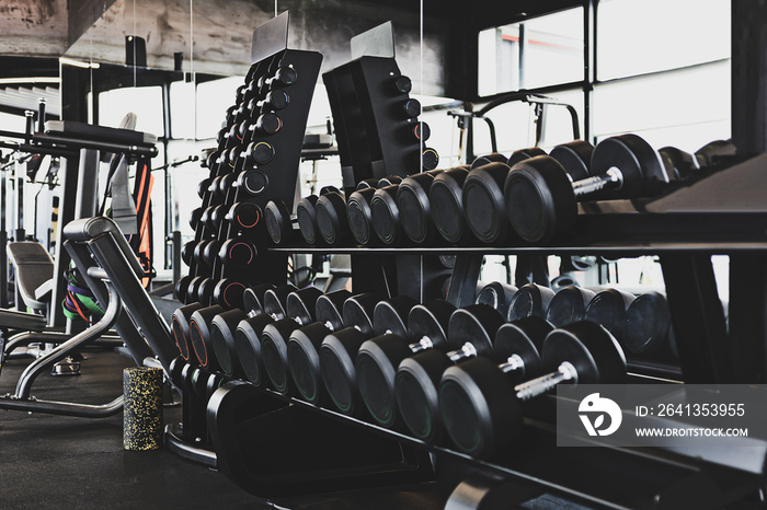 Collection of metal dumbbells for a exercise in the fitness center or the gym ( reduced tones).