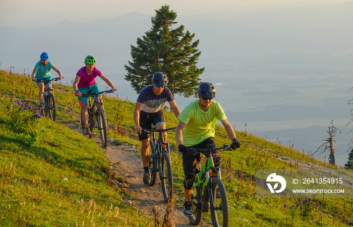 Active group of friends riding their mountain bikes downhill on a sunny evening.