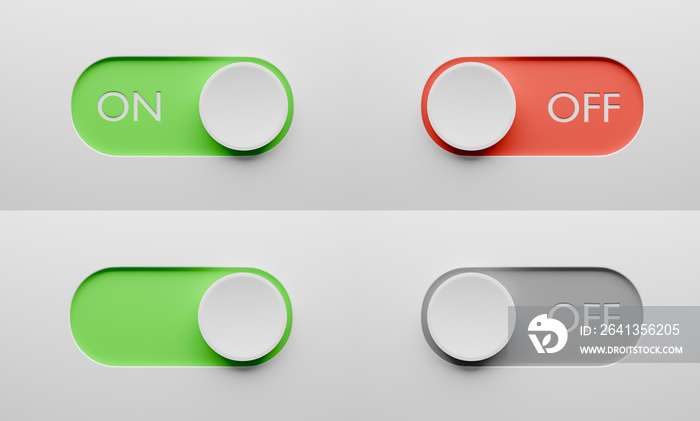 On and Off toggle switch buttons set. Switch design for app or website. 3d render