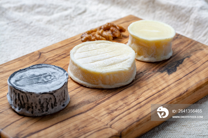 Assortment of French soft goat cheeses, Chevre Cendre, Cabecou Du Perigord and Chevre De Dordogne se