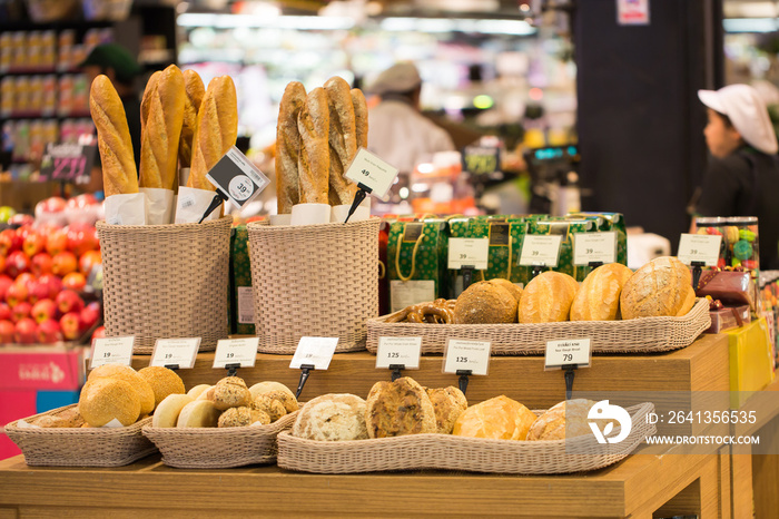 Variety of fresh bread in a supermarket