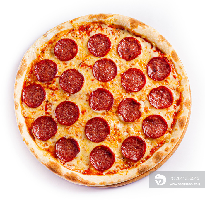 Pizza isolate, medium size, top view. Stock photo of pizza.