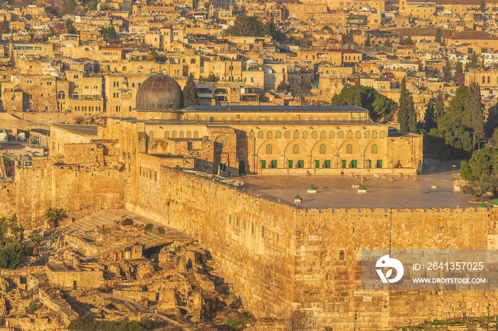 Close up of the Al-Aqsa mosque in the center of old town Jerusalem