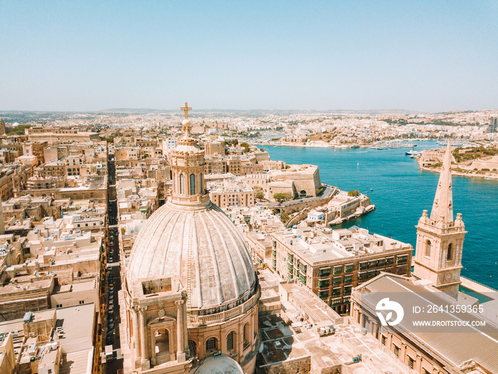 Aerial drone sunset photo over Our Lady of Mount Carmel basilica. A domed cathedral that overlooks t