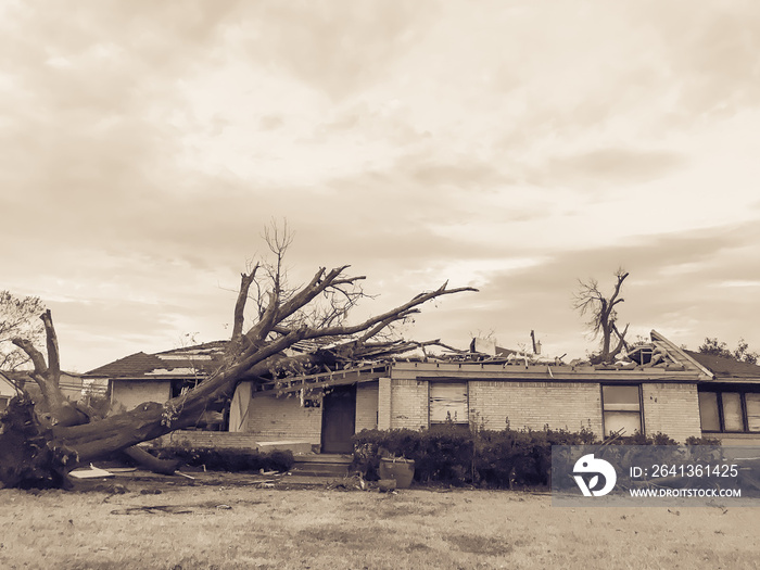 Filtered image bungalow house damaged by tornado and tree falls in Dallas, Texas