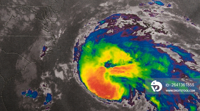 Infrared image of Hurricane Maria bearing down Caribbean islands, about 400km east-southeast of the 