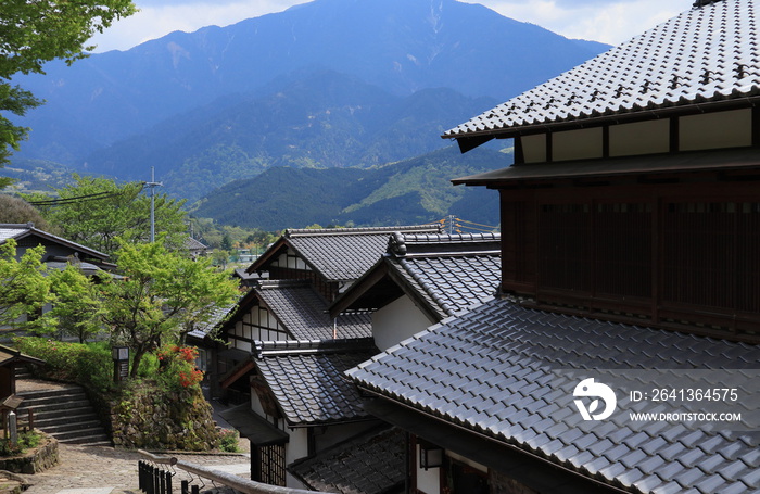 山間に建つ瓦屋根の日本家屋