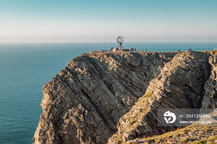 View of the North Cape, the northernmost point of Continental Europe, the rock above the sea with th