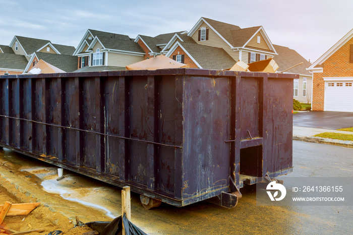 garbage containers near the new home, Red containers, recycling and waste construction site on the b