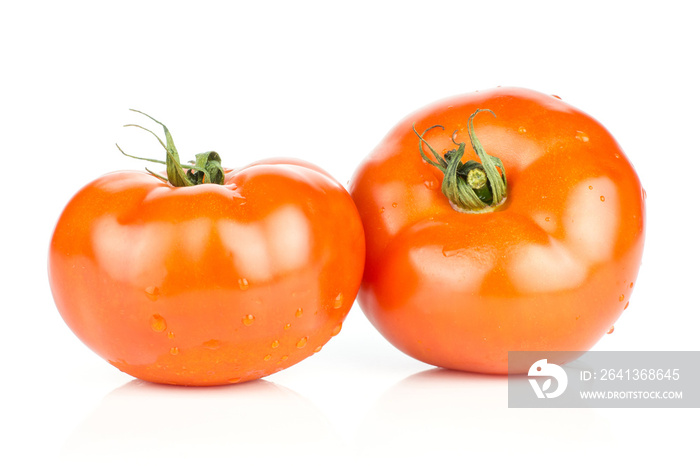 两个红色番茄，葡萄藤末端分离在白色背景上，新鲜完整。