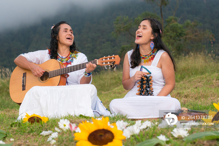 自由生活的感觉：在户外创作音乐。土著妇女演奏乐器。释放压力