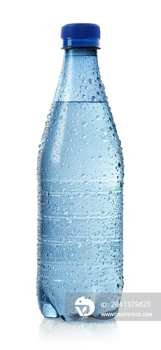 Light blue bottle of cold water with drops