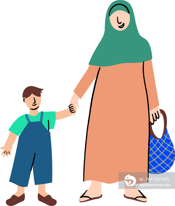 Asian Hijab Woman Grocery Shopping with Kids