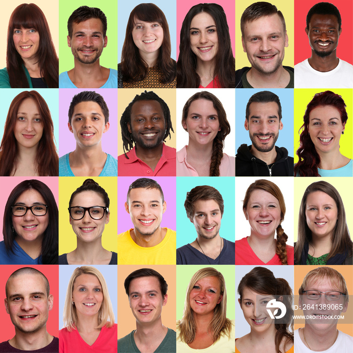 Collage group portraits of multiracial multicultural young smiling people square background faces