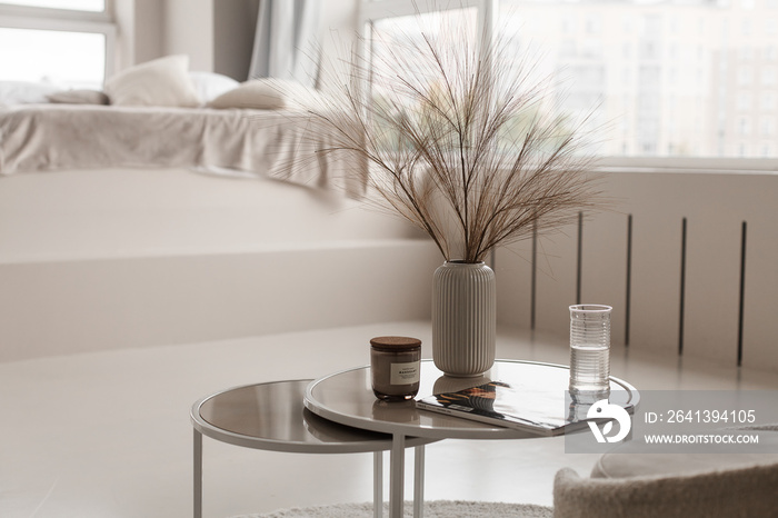 Modern house interior with decorative dried branches in a vase on a small round table