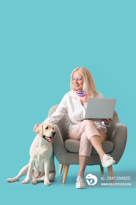 Mature woman with laptop and cute Labrador dog sitting in armchair on blue background