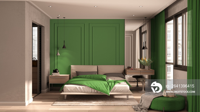 绿色色调的简约经典卧室，带步入式衣柜，双人床，带羽绒被和枕头，侧面