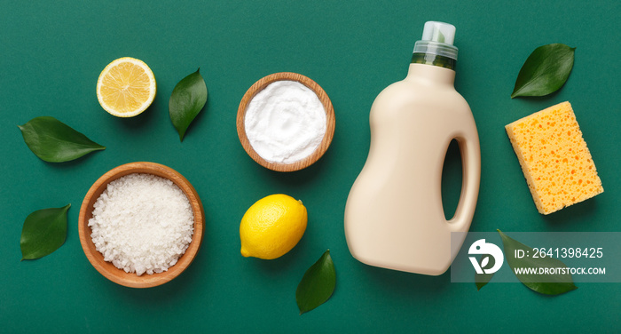 Healthy Lifestyle. zero waste detergent on green background, panorama