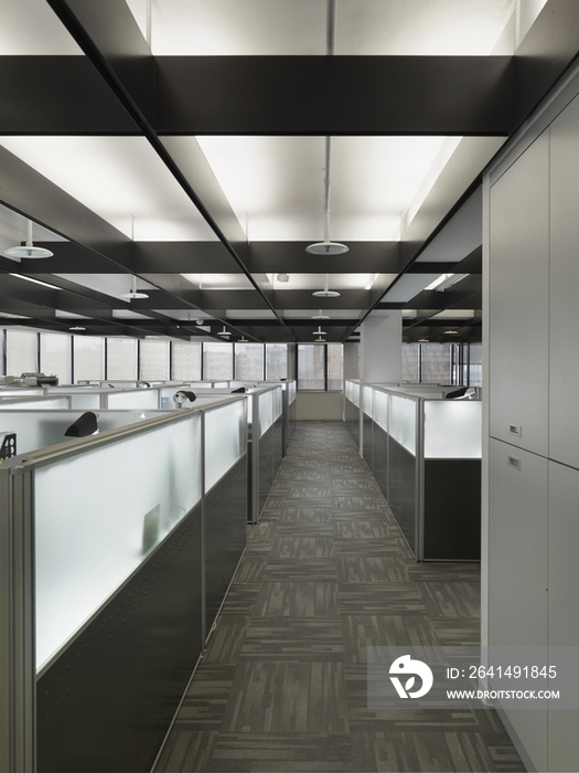 Interior of a contemporary office space with cubicles