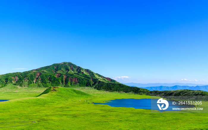 阿蘇草千里展望台から草千里ヶ浜のパノラマ風景写真 最高に美しい大自然の絶景風景 新緑・初夏 日本 A panoramic view of Kusasenrigahama from Aso Kusase