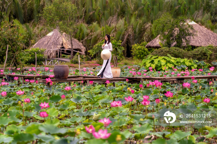 戴着传统越南帽、手持粉色莲花的越南美女画像