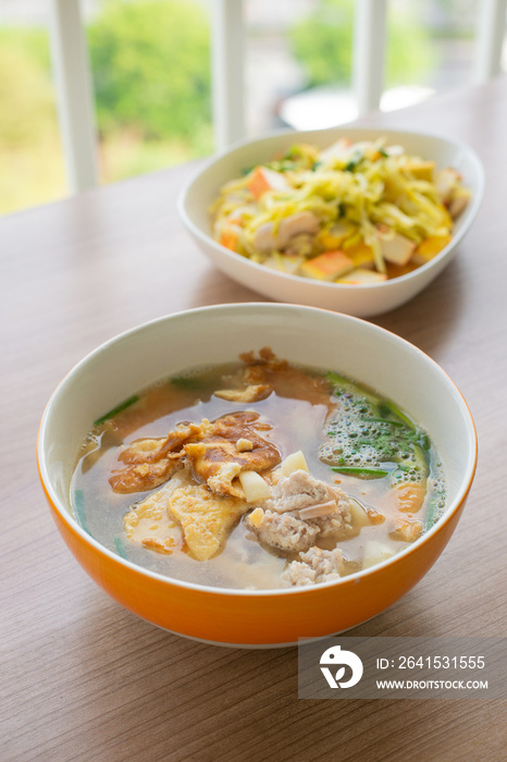 Omelet fried egg minced pork soup