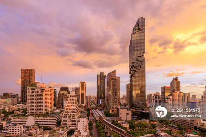 Bangkok business district cityscape with skyscraper at twilight, Thailand