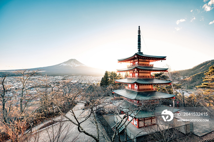 Autumn sunset scene of Mount Fuji with Chureito pagoda and Fujiyoshida city from Arakurayama sengen 